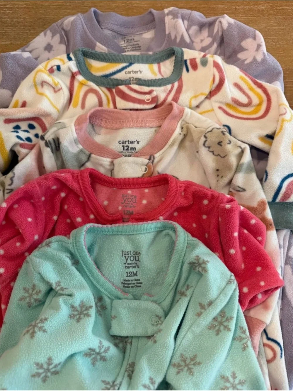 Five 12 Month Carter's Fleece Footed Pajama Bundle